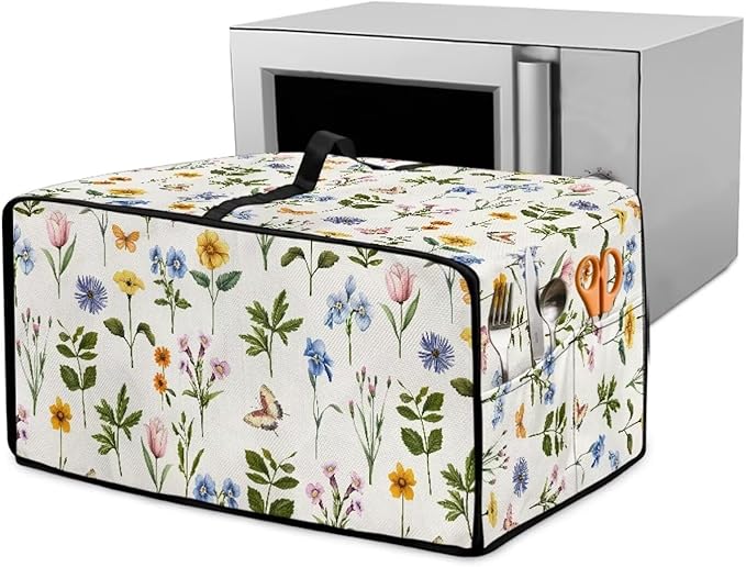 Toaster Oven Dust Cover with Side Pockets, Washable Convection Oven Cover Small Electric Appliance Protector for Kitchen Home Decor, M, Floral Butterfly Cream White
