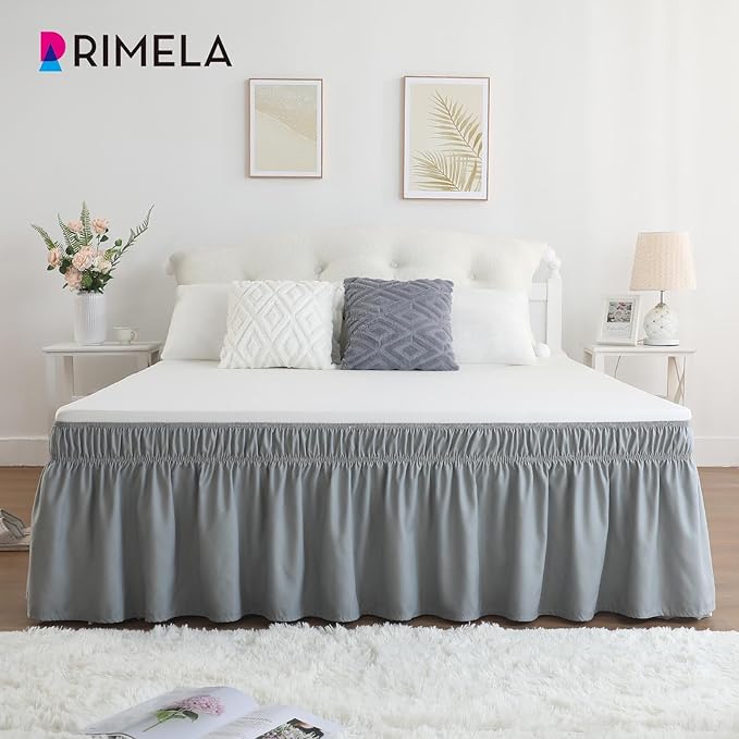 RIMELA Gray King Size Bed Skirt 25 Inch Drop, Elastic Bed Skirts Cal King Dust Ruffle, Light Grey Bedskirt for Adjustable Bed Base Solid Fade Resistant Silky Fabric Machine Washable Easy to Install