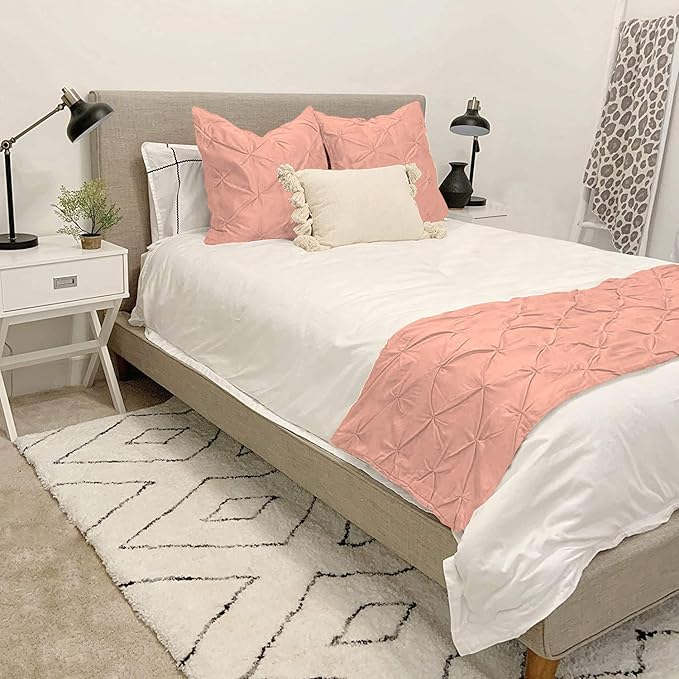 Bed Runner Set - 100% Pure Cotton 800 Thread Count - Luxury 1 Pinch Pleated Bed Runner and 2 Pillow Cover - 3 Piece Pinch Pleated Bed Runner Set Queen, Peach