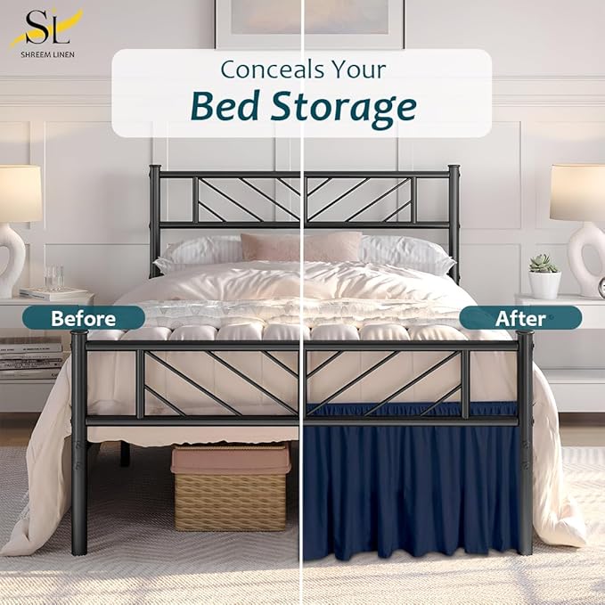 Shreem Linen Ruffled Bed Skirt with Split Corners, Gathered Style, 100% Microfiber, 15-Inch Drop, Dust Ruffle Bedskirt with Platform, Full-XL, Navy Blue