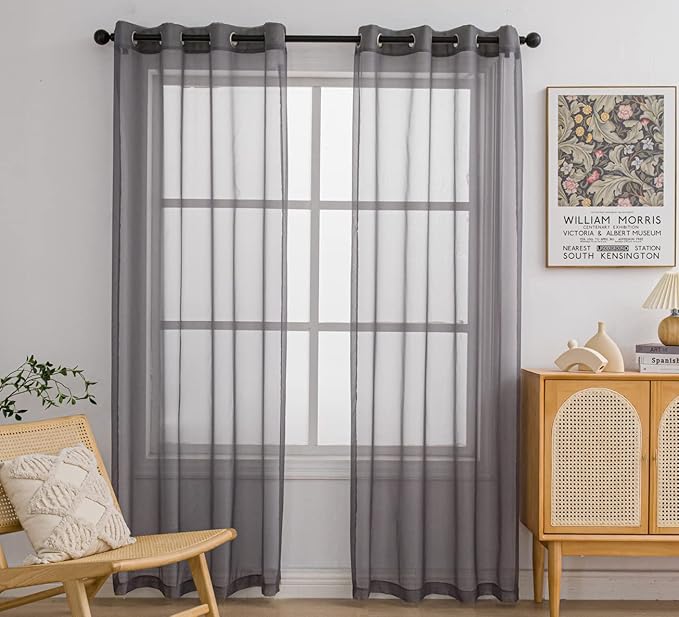 PI Sheer Curtains 84 Inches Length with Rings Top,Privacy Voile Textured Window Backdrop for Bedroom/Living Room 2 Panels (W52 X L84, Dark Grey)