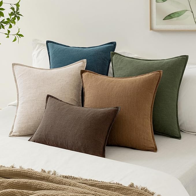 EMEMA Decorative Linen Throw Pillow Covers 20x20 Inch Brown Boho Farmhouse Neutral Couch Throw Pillows for Bed Pack of 2 Accent Pillowcase Modern Sofa Cushion Livingroom Home