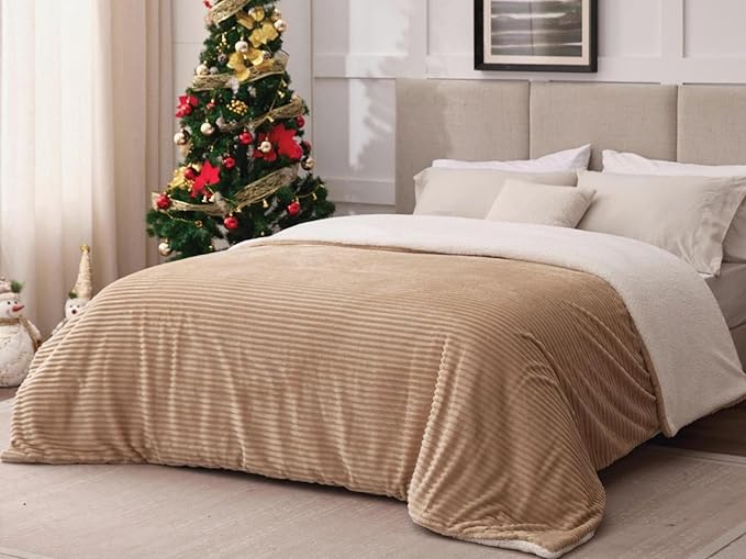 Sherpa Blankets Queen Size - Fleece Queen Blanket for Bed, Soft and Warm Throw Blanket for Winter, 90" x 90", Khaki