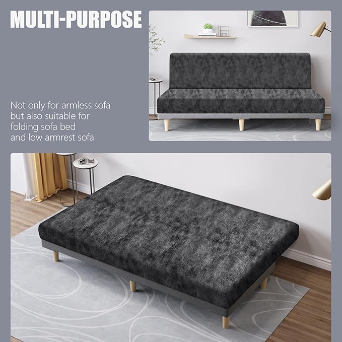 molasofa Leather Like Stretch Futon Slipcover Armless Futon Bed Sofa Cover Furniture Protector with Elastic Bottom, Soft and Washable Futon Cover for Sofa Bed Stay in Place（Larger，Light Grey）