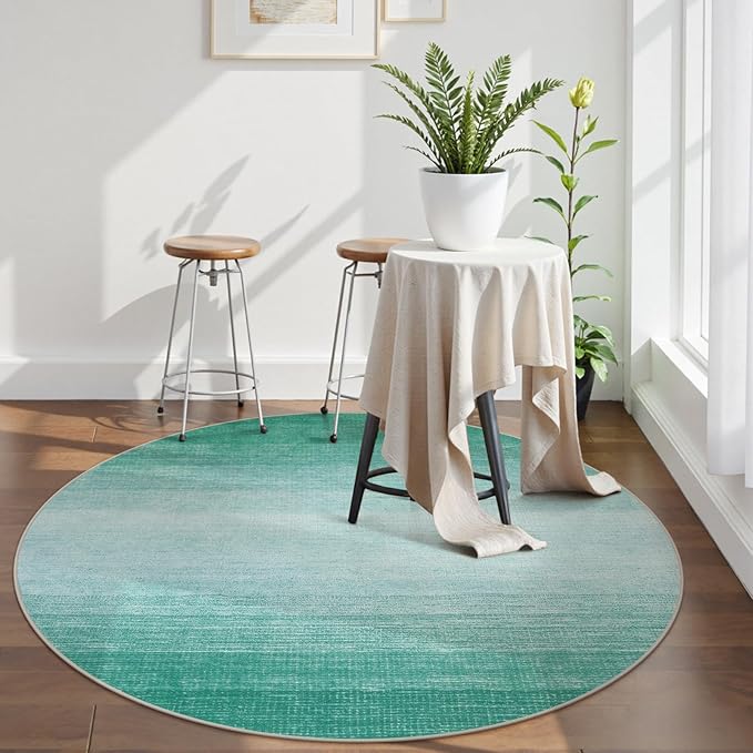 Wonnitar Modern Ombre Round Area Rugs, 5ft Washable Large Teal Circle Rugs for Living Room, Non-Slip Soft Circular Low Pile Floor Throw Carpet for Bedroom Bathroom Kitchen (Teal, Round 5ft)