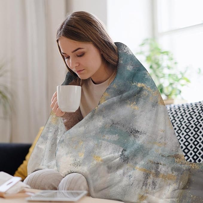 Fashion Gradient Blanket, Modern Art Baroque Gold Grey Green Painting Strokes Pattern Soft Warm Cozy Plush Flannel Covers for Livingroom Bedroom Couch Chair Camping Travel Home Decor Tapestry 50x60in