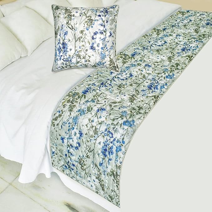 The HomeCentric King/Queen/Twin Blue Decorative Bed Runner CA King 86"x18" Bed Runner Without Pillow Cover, Quilted Bed Scarf on Cotton Fabric - Garden Grace