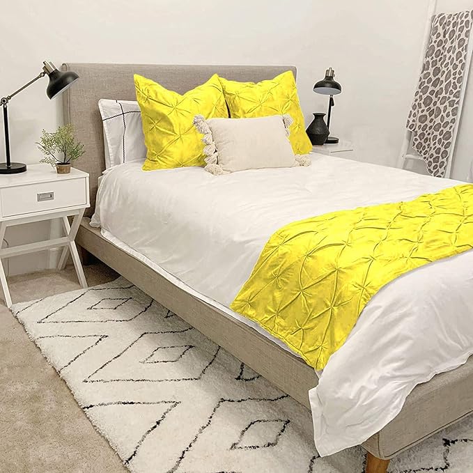 Bed Runner Set - 100% Pure Cotton 800 Thread Count - Luxury 1 Pinch Pleated Bed Runner and 2 Pillow Cover - 3 Piece Pinch Pleated Bed Runner Set California King, Yellow