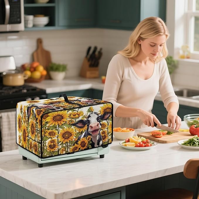 Countertop Convection Oven Cover Dust Protection Air Fryer Toaster Oven Covers with Side Pockets, for Home Kitchen Decor, L, 18.5 x 22.5 x 13 Inches, Cute Cow Sunflower