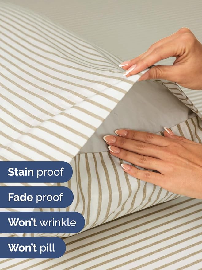 Extra Deep Pocket King Sheets - 4 Piece Breathable & Cooling Bed Sheets - Hotel Luxury Bed Sheet Set - Soft, Wrinkle Free & Comfy - Easily Fits Extra Deep Mattresses - Deep Pocket Beige Striped Sheets