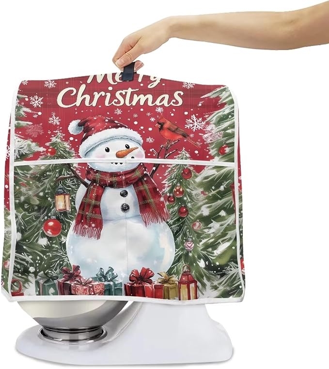 Merry Christmas Stand Mixer Cover Red Snowman Small Appliance Dust Covers For Kitchen Counter Washable Dustproof Cloth Cover for 6-8 Quart Mixers Christmas Kitchen Decor