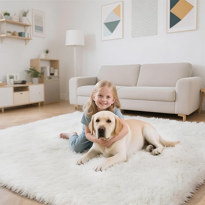 Fluffy Rug Shaggy Area Rug, White 9x12 Area Rugs for Living Room, Large Shag Area Rugs for Bedroom Kids Room Home Decor, Upgrade Anti-Skid Rectangular Fuzzy Rugs