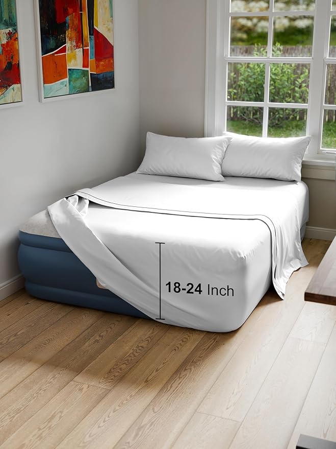 Air Mattress Sheet Set for Full Size - 4 Piece Breathable & Cooling Sheets w/Extra Deep Pockets - Fits Inflatable & Blow Up Air Mattresses Up to 24 Inches Thick - Ultra Soft & Wrinkle Free - White
