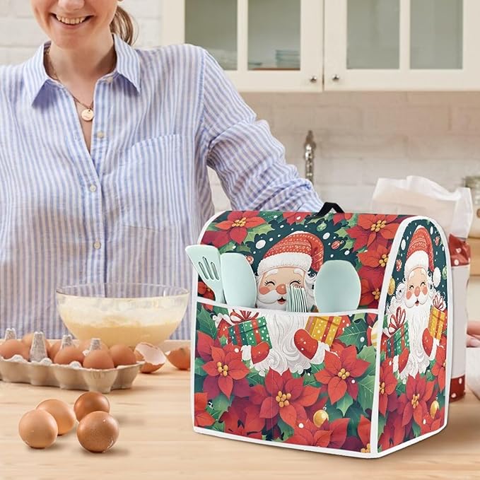 Santa Claus Stand Mixer Cover Dust Protective Poinsettia Stand Mixer Covers For Kitchen Aid 4.5-5 Quart Mixers Dustproof Cloth Cover for Small Appliance Protector Gift for Holiday