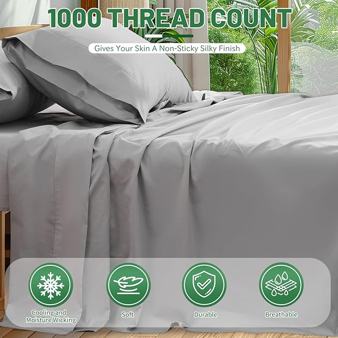 100% Egyptian Cotton Sheets Cal King Sheet Set 1000 Thread Count Sateen Weave Soft Breathable 16-Inch Deep Pocket 4PCS（California King,Grey）