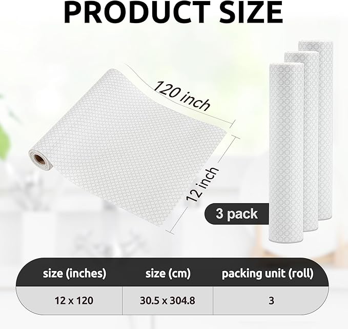 RAY STAR 12X120 Inch Shelf Liner for Kitchen Cabinets, Non-Adhesive Cabinet Liner Washable, PVC Drawer Liner for Dresser Non-Slip Bathroom (White Circle)(3 Roll)
