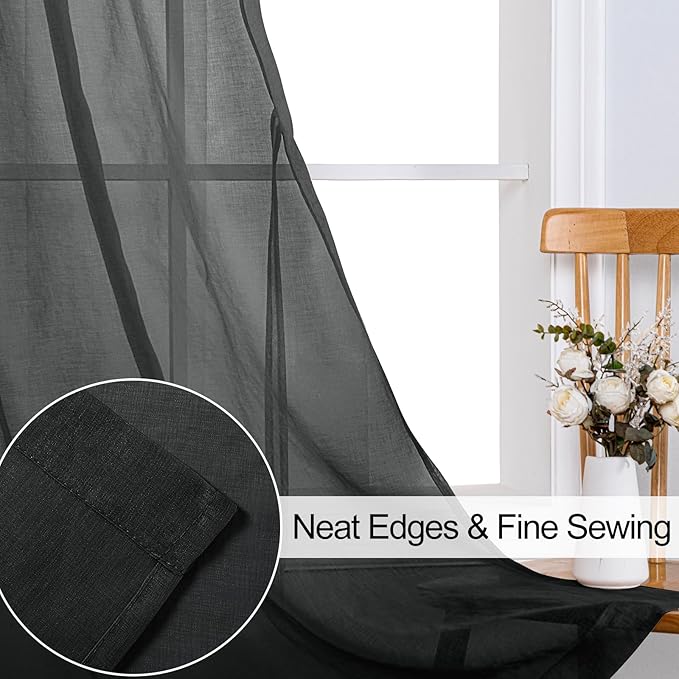XWZO Black Sheer Curtains for Bedroom, Semi Transparent Light Filtering Grommet Voile Textured Window Curtains for Living Room, Nursery with Tiebacks, 52 x 63 Inches Long, Set of 2 Panels
