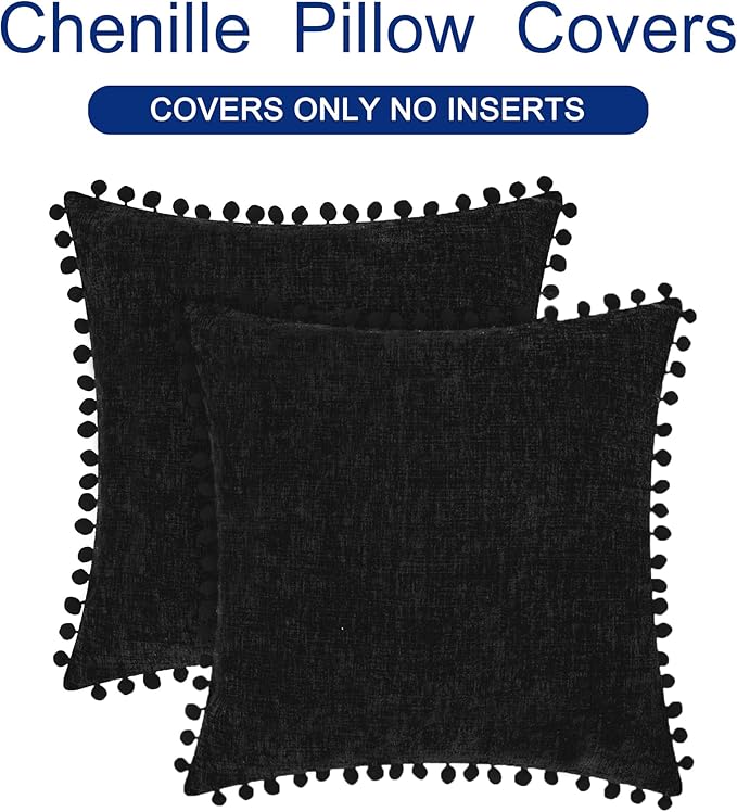 CaliTime Throw Pillow Covers Decorative 20 X 20 Inches Pack of 2 Cozy Solid Dyed Soft Chenille Cushion Cases with Pom Poms for Couch Sofa Bed Living Room Home Black