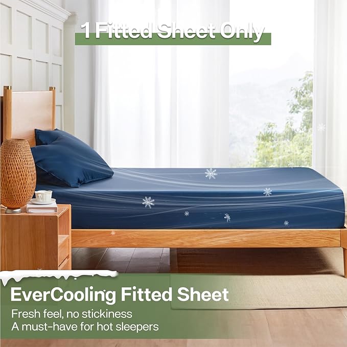 MR&HM Twin XL Fitted Sheet Only, Ultra-Soft Rayon Derived from Bamboo & Polyester Blend, Silky & Breathable, 15" Deep Pocket with Elastic Straps, Cooling Fitted Sheet for Hot Sleepers, Navy Blue