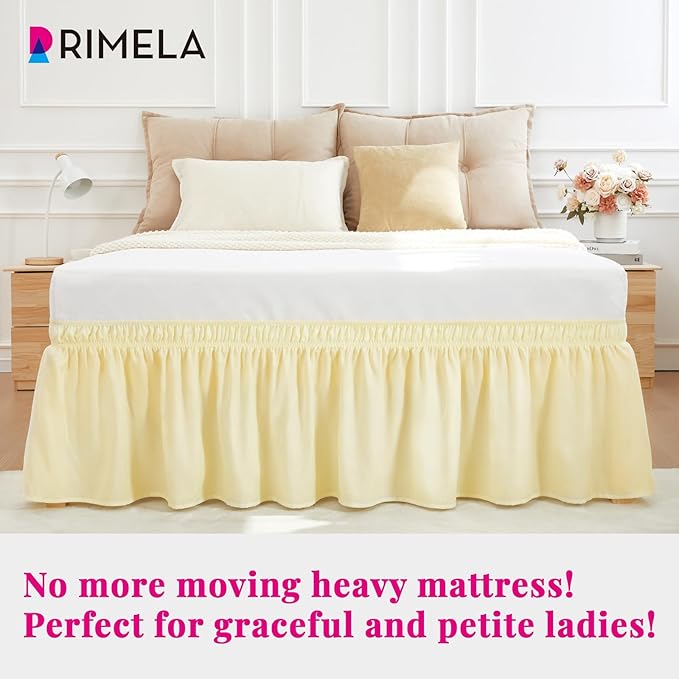 RIMELA Bed Skirt Queen Size 14 Inch Drop, Wrap Around Elastic Bedskirt Solid Microfiber Luxury Hotel Quality Fabric, Easy to Install Machine Washable Wrinkle & Fade Resistant, Light Yellow