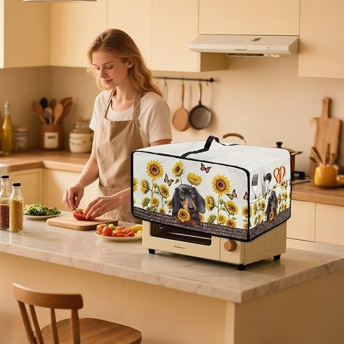 Dachshund Dog Sunflower Butterfly Print Microwave Oven Dust Cover Dustproof Microwave Toaster Oven Cover Polyester-Linen Fabric Kitchen Machine Covers for Toaster Oven Air Fryer, M