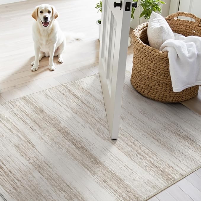 PADOOR Modern Abstract Runner Rug - 2x5 Washable Hallway Rugs, Ultra Soft Non-Slip Low Pile Floor Rugs for Hallway Entryway Kitchen Bedroom Bedside Laundry Room Brown