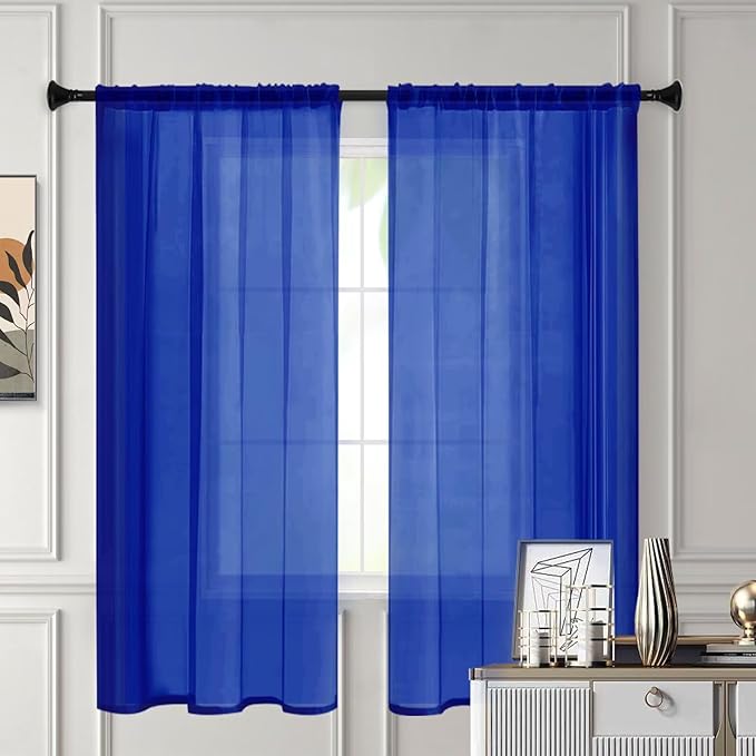 Sheer Curtains 72 Inches Long 2 Panels, Rod Pocket Short Curtain for Kitchen, Bedroom, Cafe Window(Blue Sapphire 38" W x 72" L)