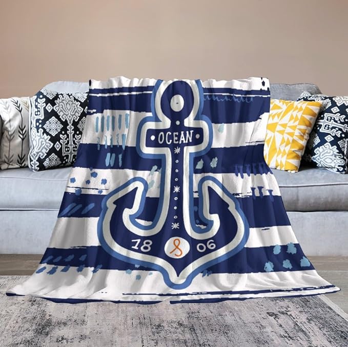 Nautical Anchor Blanket Modern Cartoon Anchor Ocean Adventure Blue White Soft Cozy Lightweight Throw Blanket for Kids Boys Men Bedroom Living Room Dorm Chair Sofa Travel 40x50in