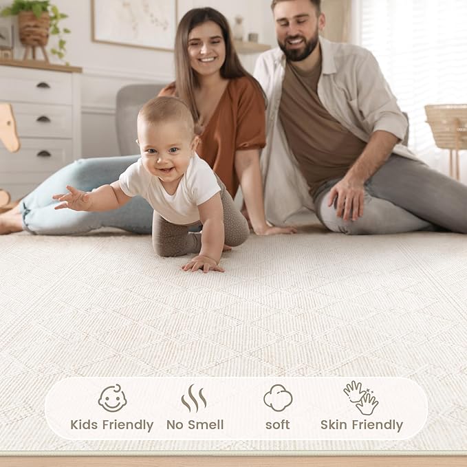 5x7 Area Rug Living Room: Washable Boho Geometric Moroccan Rug Neutral Modern Farmhouse Indoor Soft Non Slip Ultra Thin Printed Pattern Carpet for Dining Room Bedroom Nursery Home (Beige, 5'x7')