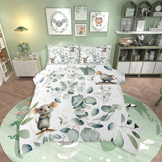 Erosebridal Kids Cute Animal Full Bedding Sets for Girls Boys Cartoon Mouse Comforter Set, Spring Eucalyptus Bedding Comforter Sets Watercolor Leaves Duvet Insert, Kawaii Animal Mice Down Comforter
