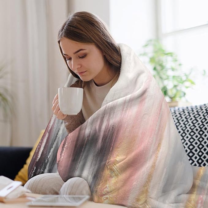 Fashion Gradient Blanket, Modern Art Baroque Gold Grey Pink Painting Strokes Pattern Soft Warm Cozy Plush Flannel Covers for Livingroom Bedroom Couch Chair Camping Travel Home Decor Tapestry 60x80in