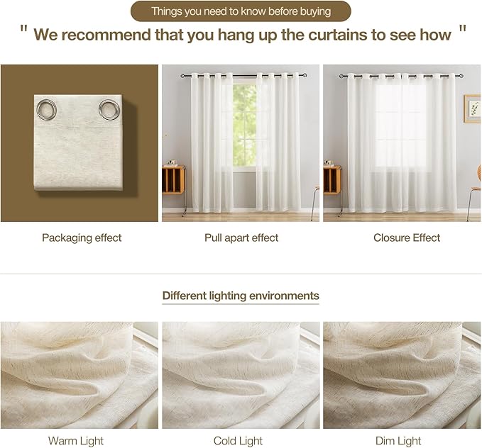 Anmao Flax Linen Curtains for Living Room 45 Inch Length 2 Panels Set, Light Filtering Sheer Window Curtain Drapes for Bedroom with Nickel Grommet, 52 Inch Wide Each Panel, Ivory Color