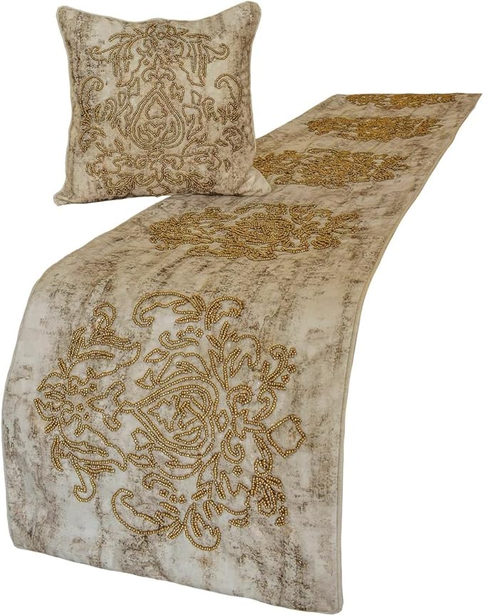The HomeCentric King/Queen/Twin Ivory & Gold Designer Full 68"x18" Bed Runner Without Pillow Cover, Beaded & Foil Bed Scarf on Silk Fabric - Foil Damask Gold