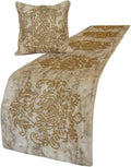 The HomeCentric King/Queen/Twin Ivory & Gold Designer Full 68"x18" Bed Runner Without Pillow Cover, Beaded & Foil Bed Scarf on Silk Fabric - Foil Damask Gold