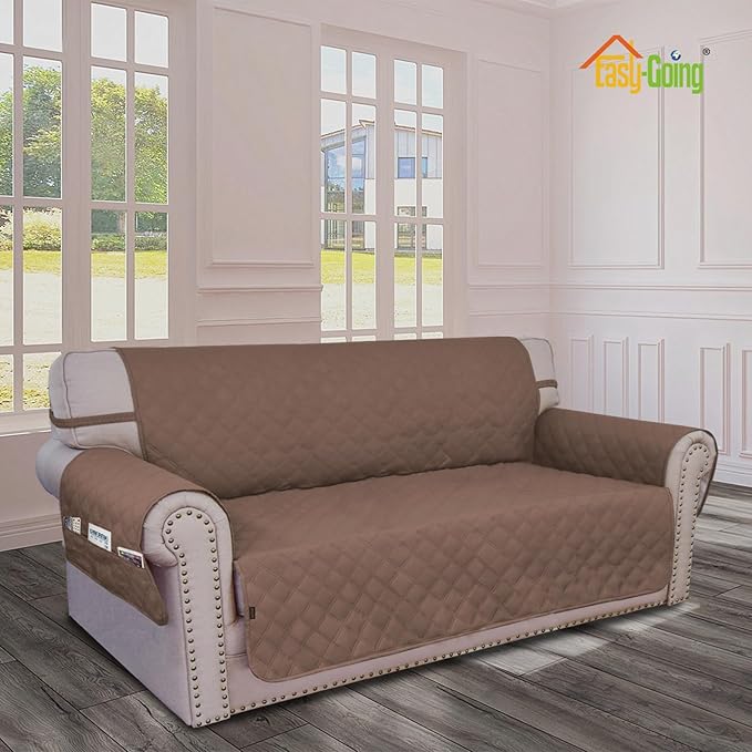 Easy-Going Waterproof Oversized Loveseat Covers Leakproof Couch Cover for 2 Cushion Couch Sofa Cover Washable Sofa Slipcover Non-Slip Furniture Protector with Pocket for Pets (Medium-XL, Brown)