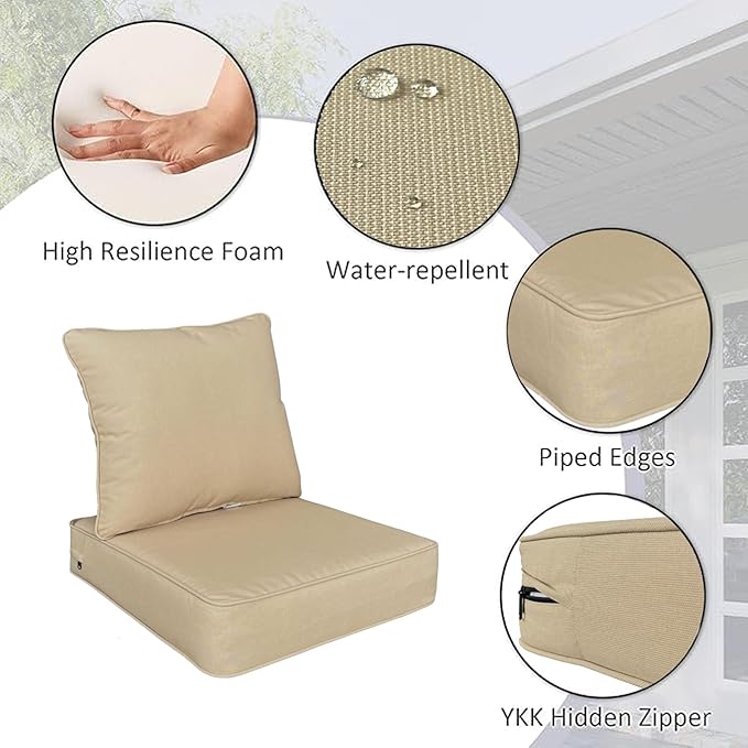 COZYVIDA Outdoor/Indoor 24x24 inch Deep Seat Patio Cushions Set of 2 Resilient Foam Filling Water Repellent Stain-Resistant UV Resistant Weather Resistant Patio Cushions Beige