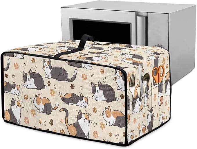 Cute Cats Paw Floral Print Microwave Oven Cover Waterproof Dust-Proof Microwave Oven Cloth Cover Polyester-Linen Fabric Small Appliance Dust Cover Case Protections Protector, S