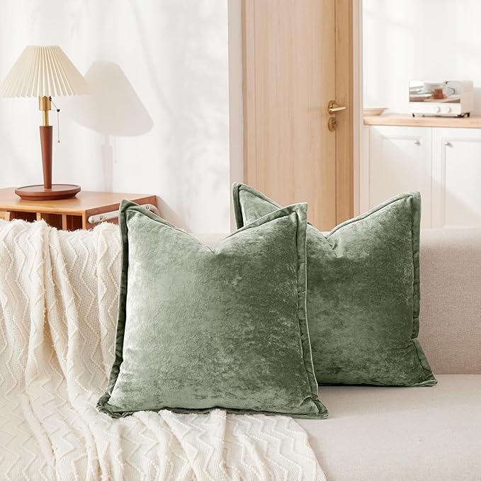 Luxurious Velvet Throw Pillow Covers 20x20 Set of 2 Decorative Pillow Covers Solid Square Cushion Case for Sofa Couch Bedroom Farmhouse, Army Green