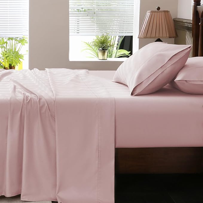 Extra Deep Pocket King Sheets 18-24 Inch 100% Egyptian Cotton 1000 Thread Count Sateen Weave Soft Breathable 4 Pieces（King，Light Pink）