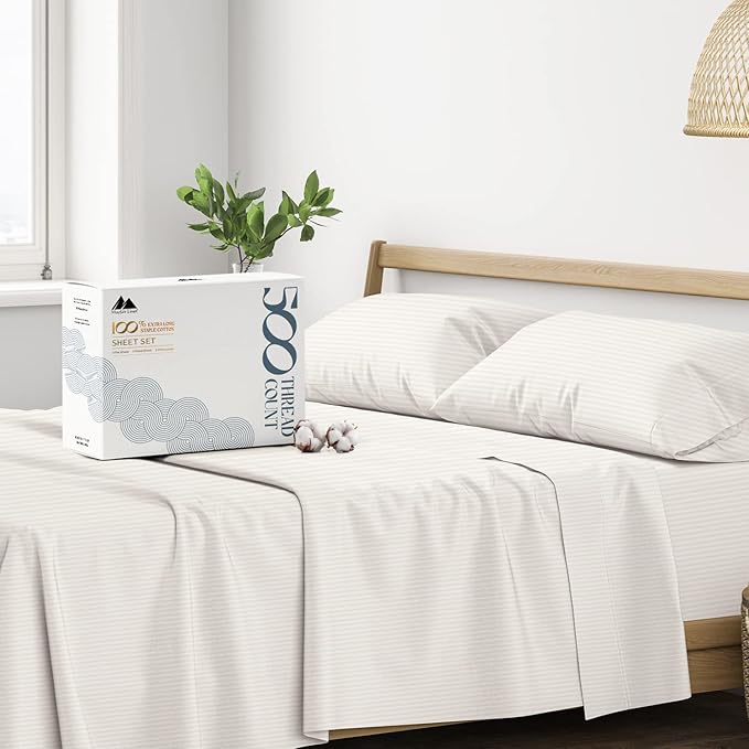 Mayfair Linen 100% Cotton Striped Sheets King Size Bed Set - 500 Thread Count Damask Sheets King Size 4 PC Set (Beige Stripe), Soft, Cooling, Sateen Weave Hotel-Quality 16" Deep Pocket Bedsheet
