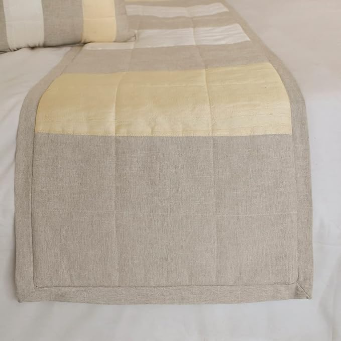 The HomeCentric King/Queen/Twin Beige Decorative CA King 86"x18" Bed Runner with Pillow Cover, Color Block, Patchwork, Quilted, Silk, Linen & Striped Bed Scarf on Linen & Silk Fabric - Alikka