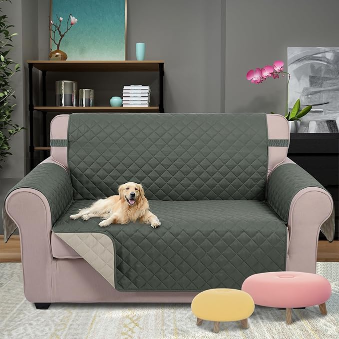 U-NICE HOME Loveseat Sofa Cover Reversible Couch Cover for Dogs with Elastic Straps Water Resistant Furniture Protector for Pets Couch Cover for 2 Cushion Couch (Loveseat, Grey/Beige)