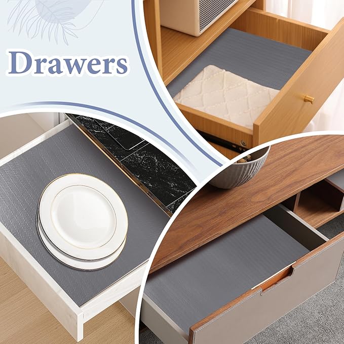 Drawer and Shelf Liner for Kitchen Cabinet: 17 in X 30 Ft Non Slip Waterproof Shelf Paper Non Adhesive Refrigerator Liners Gray Easy Liners for Bathroom Cupboard with Knife Tape Measure