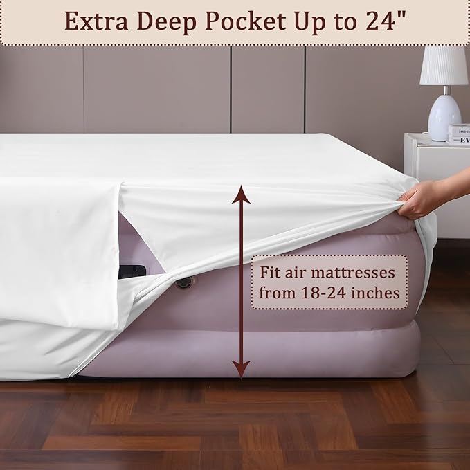 Twin Fitted Sheet for Air Mattress, with 18-24 Inch Extra Deep Pocket, Soft Breathable Air Bed Mattress Sheet Cover for Inflatable Bed, White