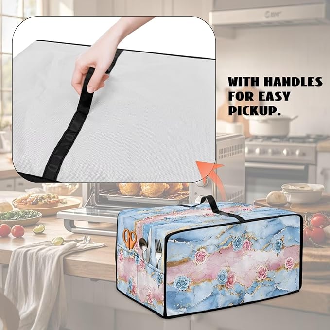 Rose Marble Texture Print Microwave Oven Grill Cover Protector Polyester-Linen Fabric Microwave Oven Dust Cover with Storage Bags Case Protections for Toaster Oven, L