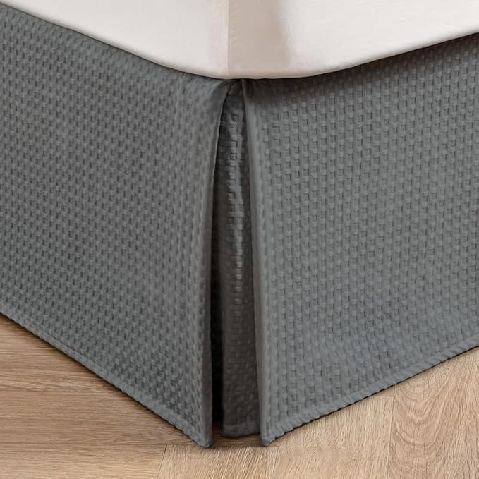 MIYE Pleated Waffle Weave Bed Skirt, Tailored Dust Ruffle 12 Inch Drop Easy Fit, Machine Washable (Dark Grey, Twin - 12" Drop)