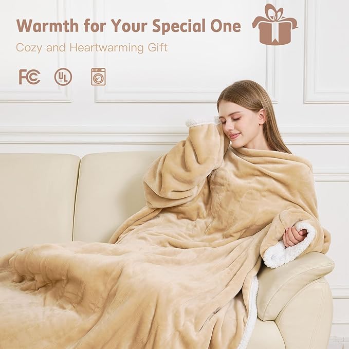 Heated Blanket, 55"×80" Wearable Electric Blanket with Sleeves, Sherpa Snuggle Throw Blanket, Warm Gift for Grandma, Mom, Dad, (Camel)