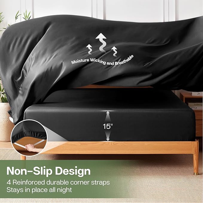 MR&HM Queen Fitted Sheet Only, Ultra-Soft Rayon Derived from Bamboo & Polyester Blend, Silky & Breathable, 15" Deep Pocket with Elastic Straps, Cooling Fitted Sheet for Hot Sleepers, Black