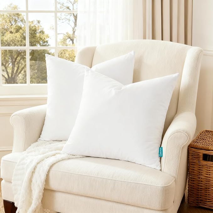 Oubonun 18x18 Feather Down Alternative Throw Pillow Inserts, 100% Cotton Cover, Medium Firm Decorative Pillow Inserts for Couch, Sofa, Bed, Chair (Set of 2)