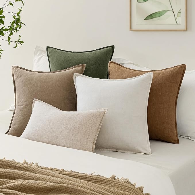 EMEMA Decorative Linen Throw Pillow Covers 20x20 Inch Natural Beige Boho Farmhouse Neutral Couch Throw Pillows for Bed Pack of 2 Accent Pillowcase Modern Sofa Cushion Livingroom Home